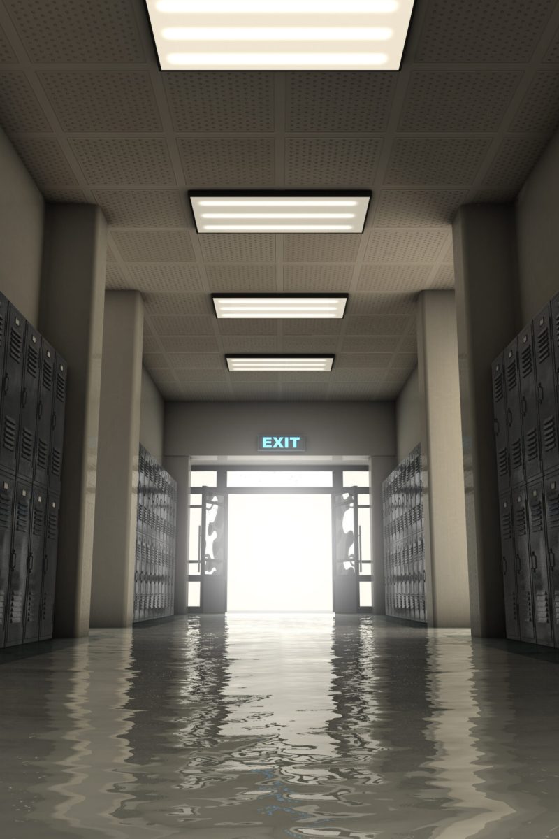 A look down a dimly lit hallway of school lockers towards an open entrance or exit door - 3D render